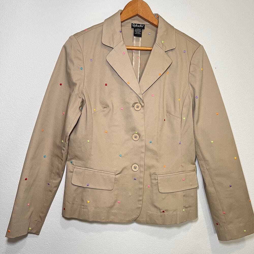 Rafaella Blazer Womens Size 10 Tan Multicolor Embroidered Polka Dot Stretch Work